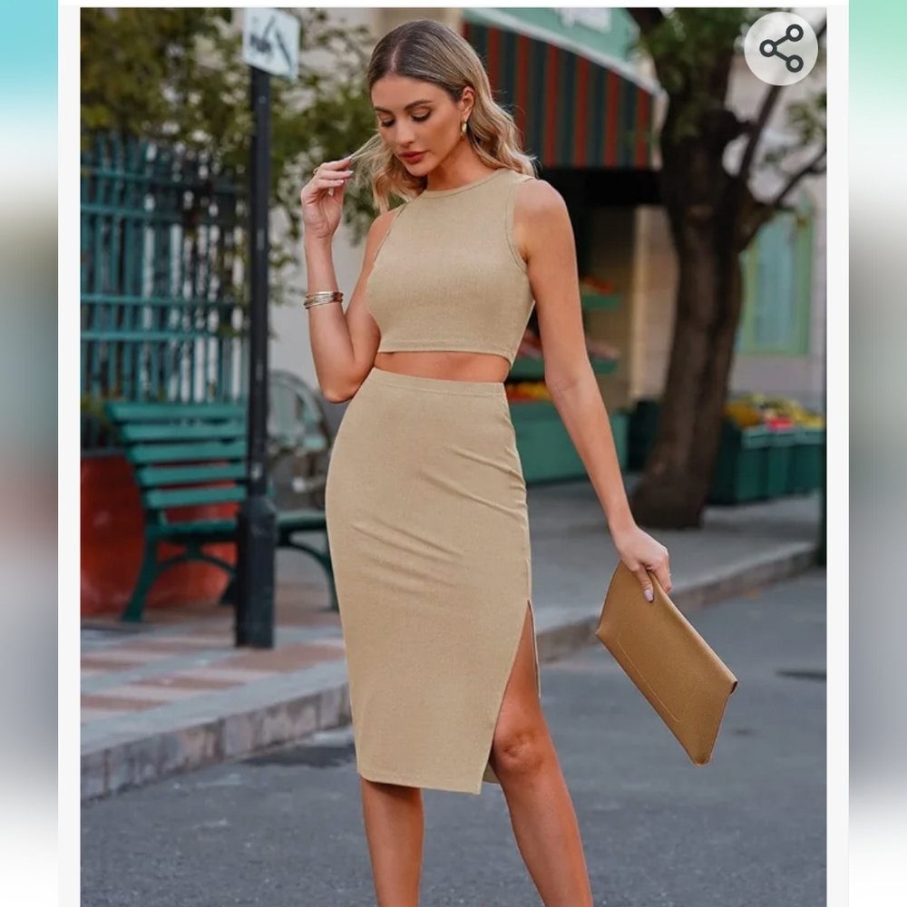 2 piece rib crop tank top slit midi skirt set